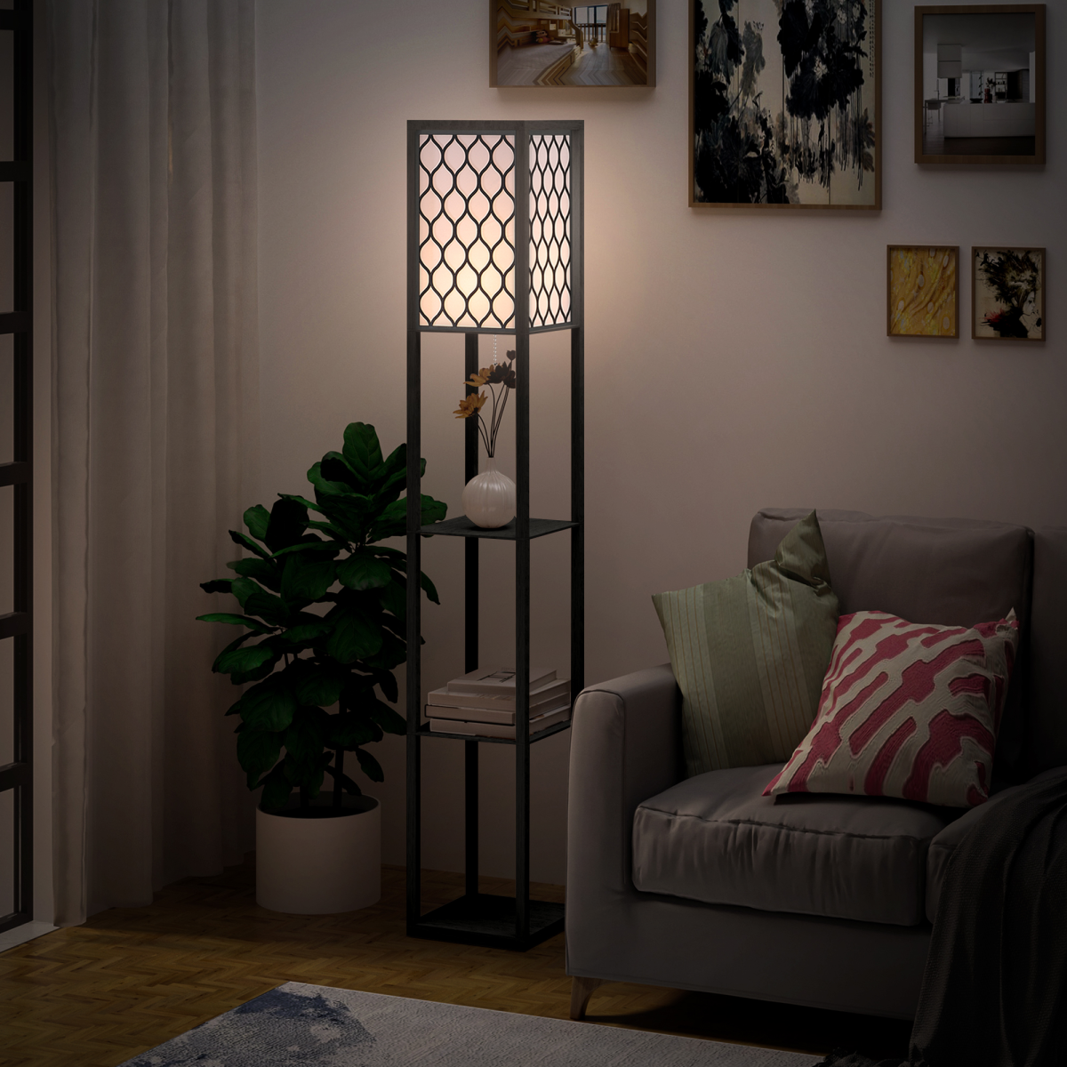 Shelf floor lamp lit in a living room corner beside an armchair