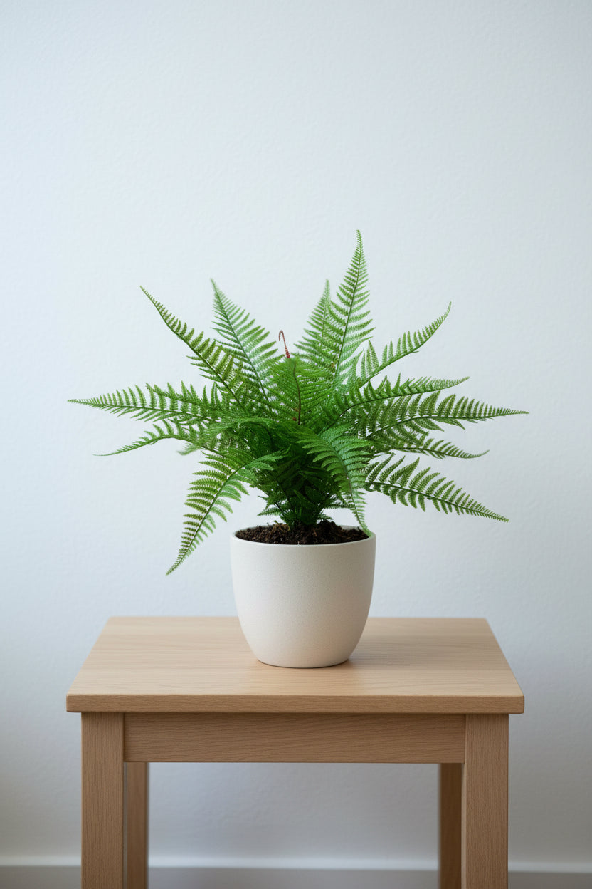 Dense dark green artificial wood fern bush, 60cm