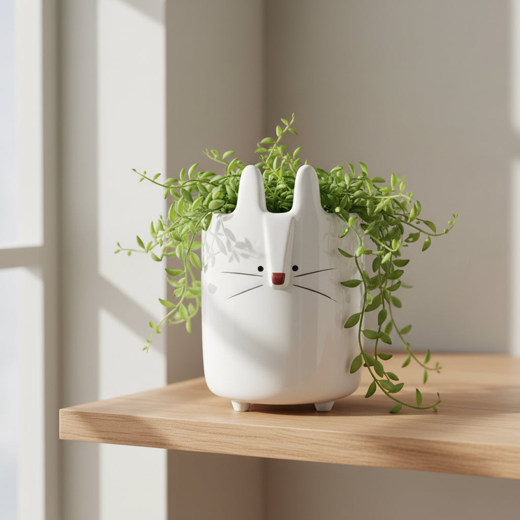 White ceramic rabbit pot planted with trailing greenery on a pale oak shelf