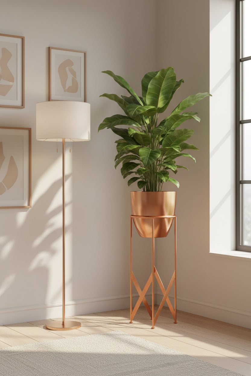 Copper pot on a matching stand holding a leafy plant in a living room corner beside a floor lamp