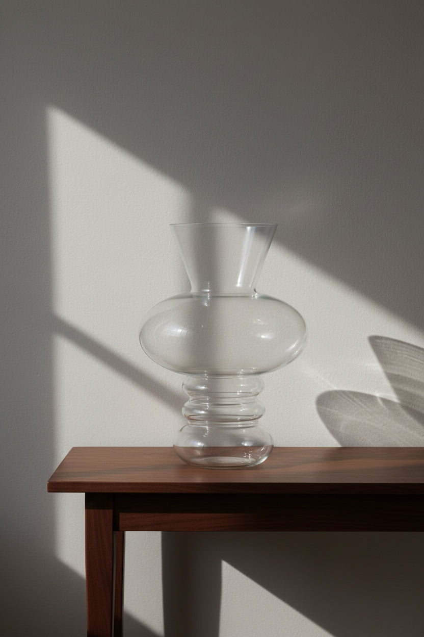 Clear stacked bubble glass vase on a dark walnut console in raking daylight