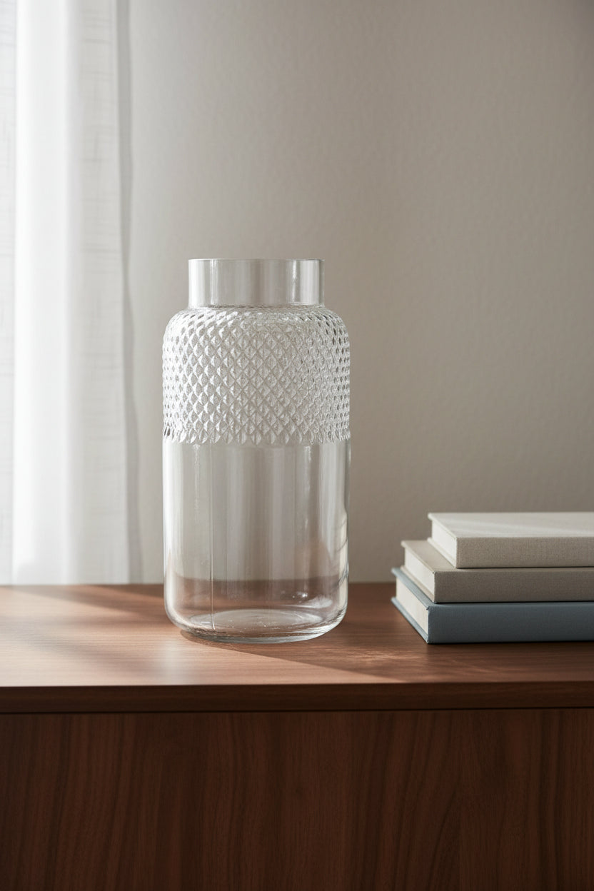 Clear faceted glass vase on a walnut sideboard beside a stack of books