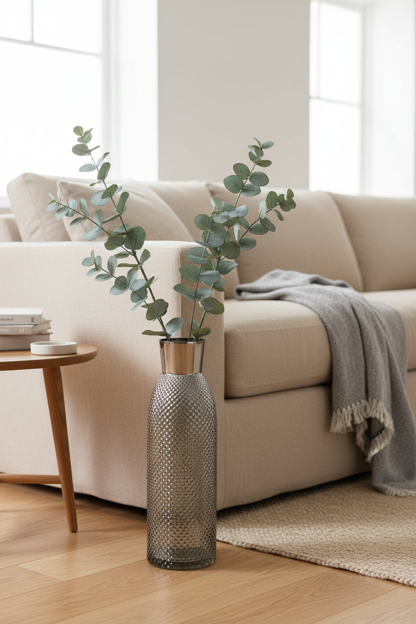 Tall smoked grey faceted glass vase holding eucalyptus on the floor beside a linen sofa