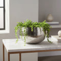 Hammered silver bowl planter with trailing greenery on a marble console table