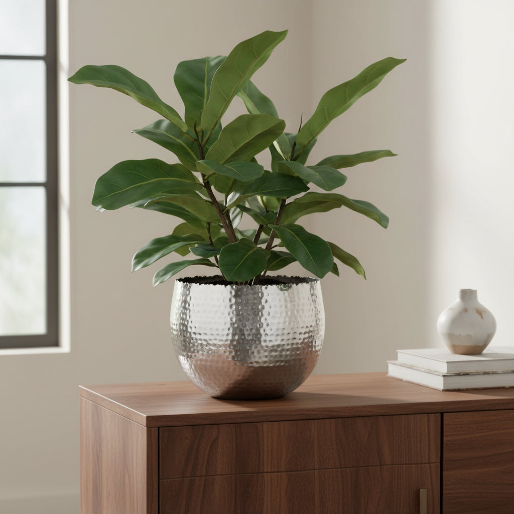 Hammered silver planter holding a leafy plant on a walnut sideboard