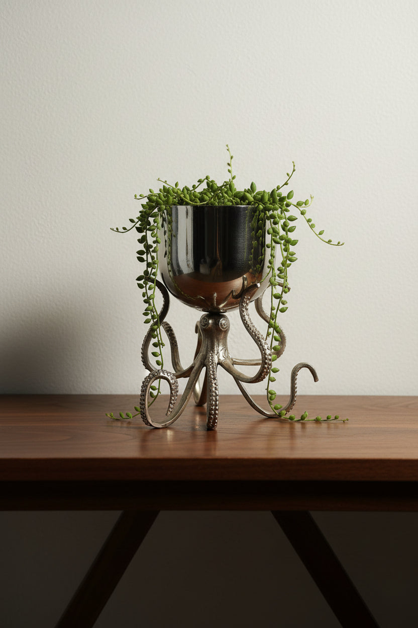 Silver bowl on a cast octopus base, planted with trailing greenery on a dark walnut console