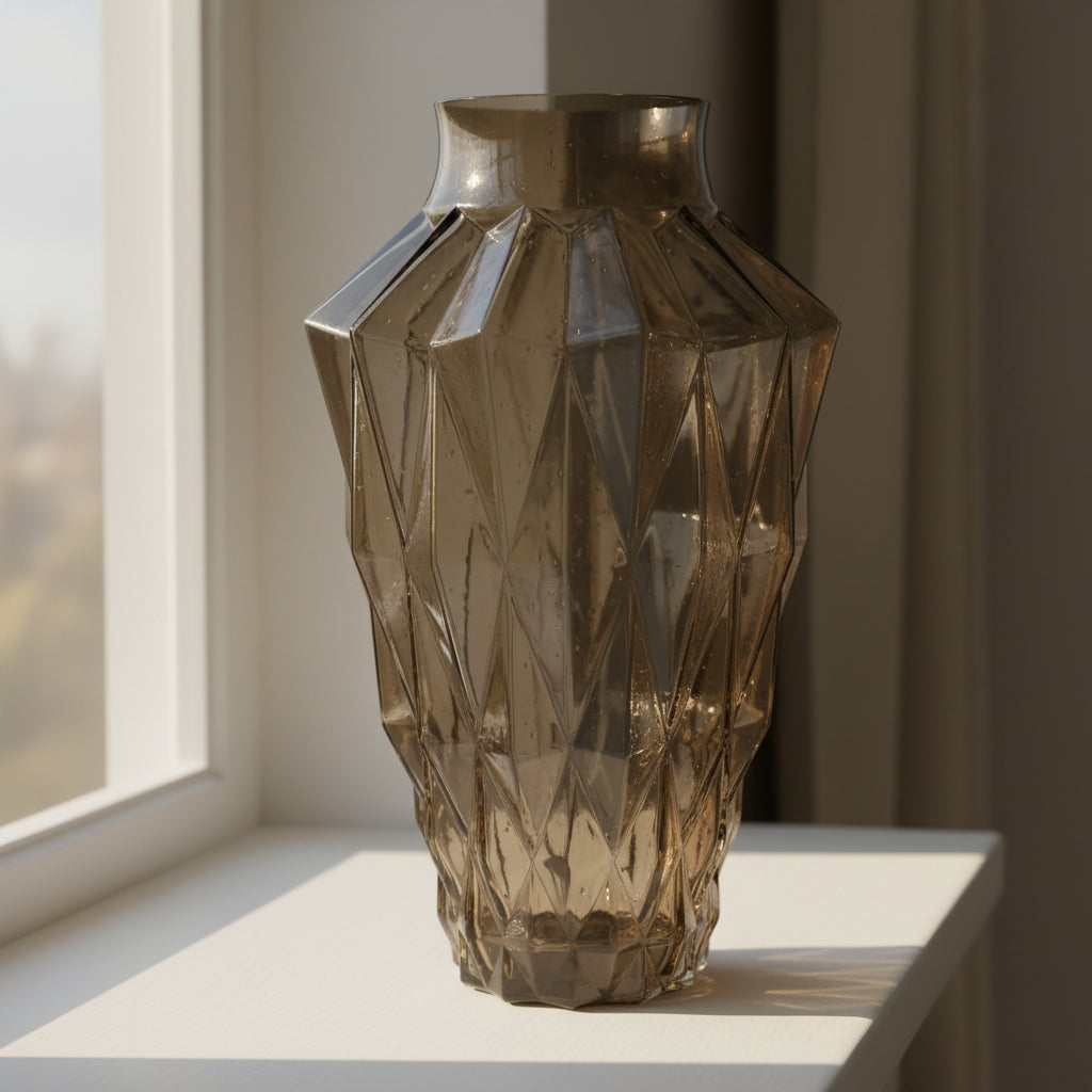 Amber faceted glass vase on a painted windowsill in morning sunlight