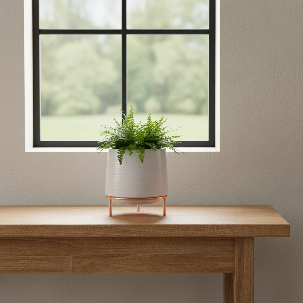 Ribbed white ceramic planter on a pale oak console table below a window