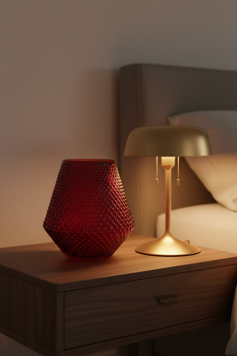Deep crimson hobnail glass vase on a bedside table beside a lit brass lamp