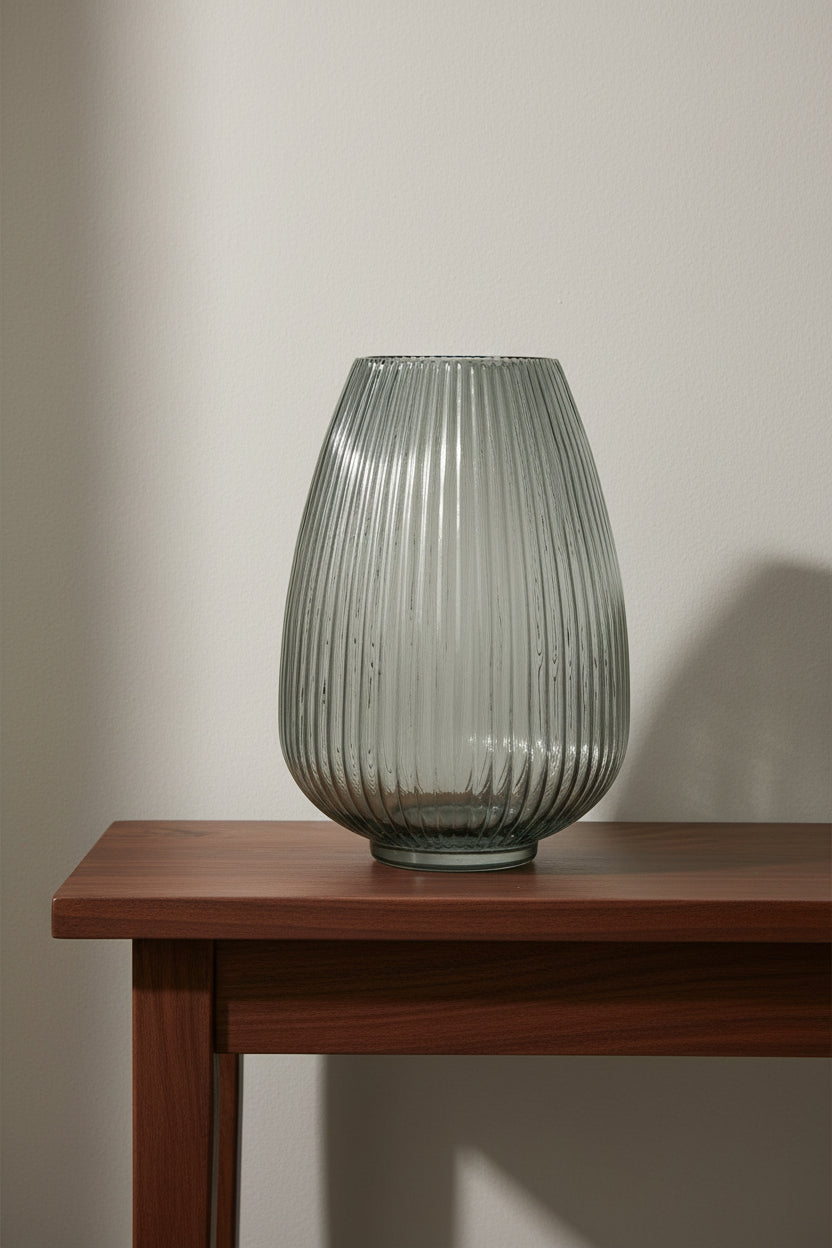 Smoked grey ribbed glass vase on a dark walnut hallway console against a plaster wall