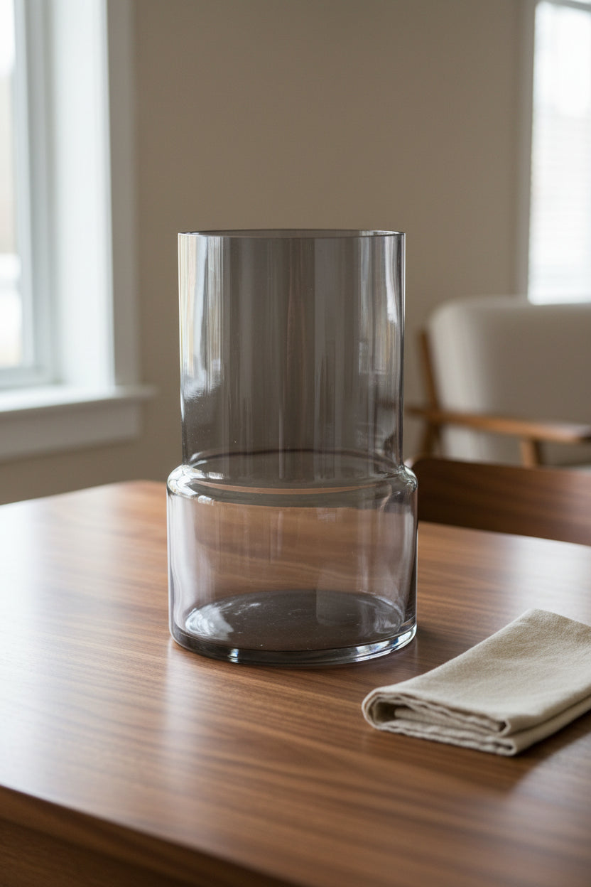 Plain smoked grey glass vase on a walnut dining table beside a folded linen napkin