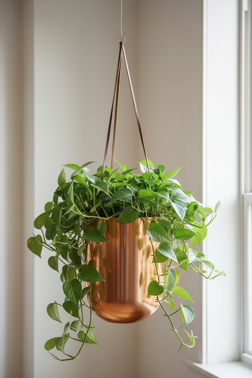 Copper hanging planter with trailing greenery suspended beside a bright window