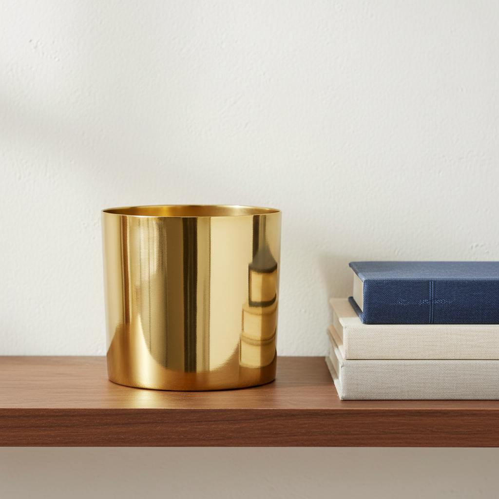 Polished brass planter on a walnut shelf beside a stack of books