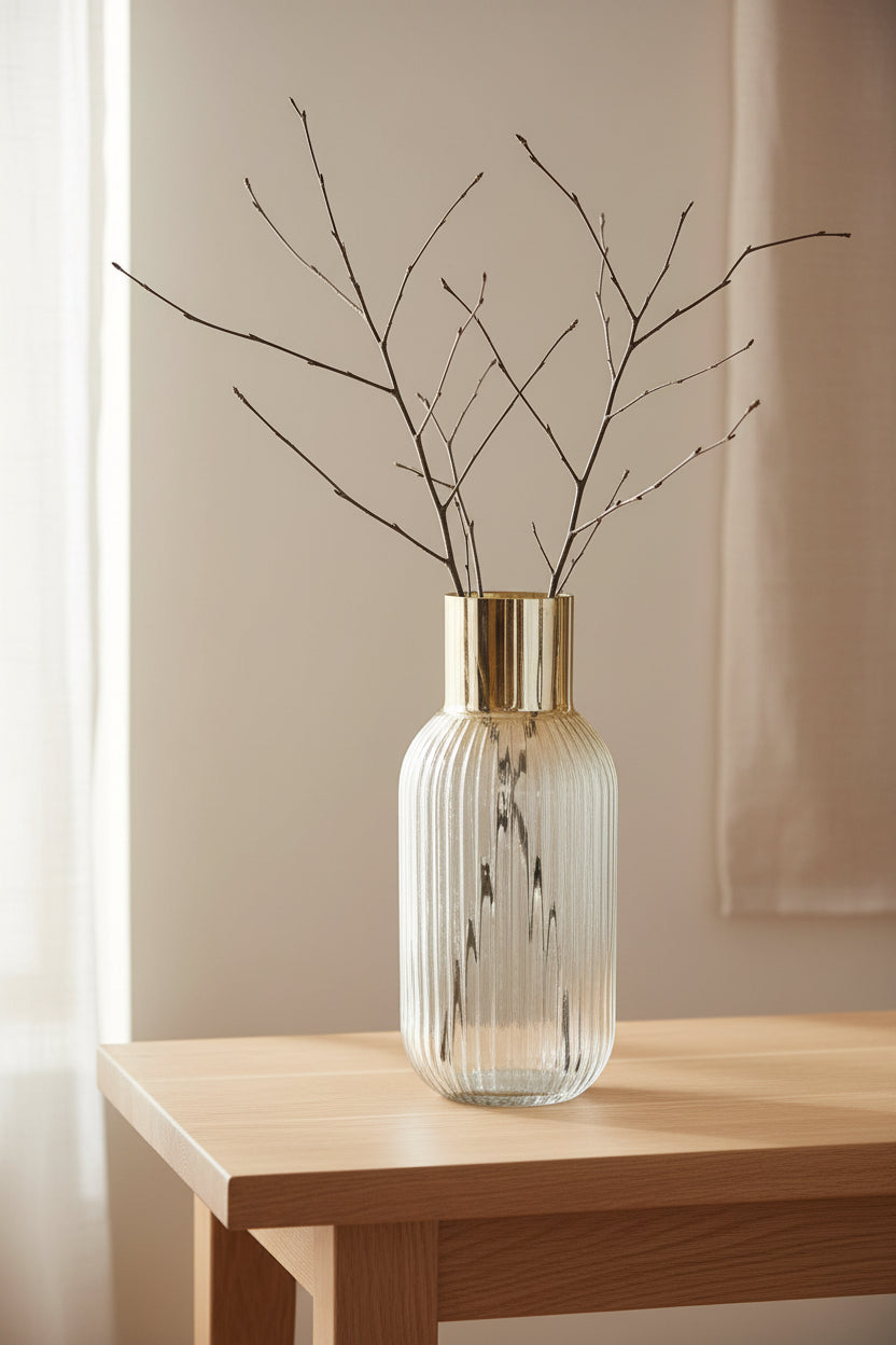 Ridged ombre glass vase holding bare branches on a pale oak console table