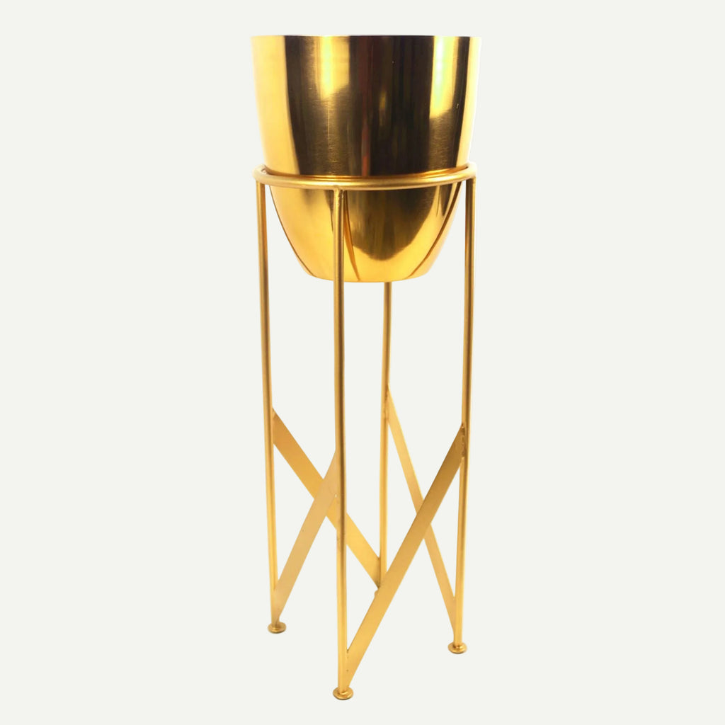 Tall gold planter on a matching stand, 55cm
