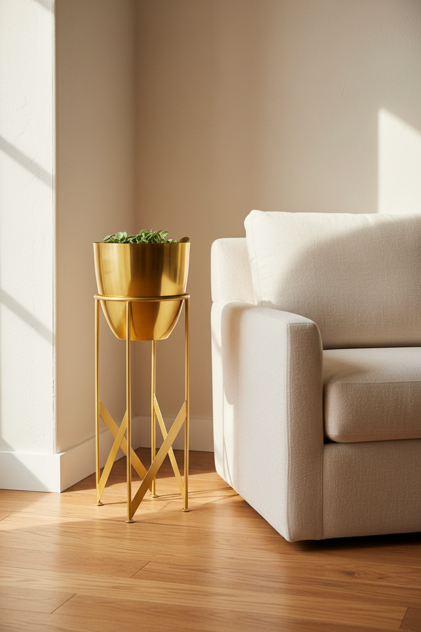 Tall gold planter on its stand in a sunlit living room corner