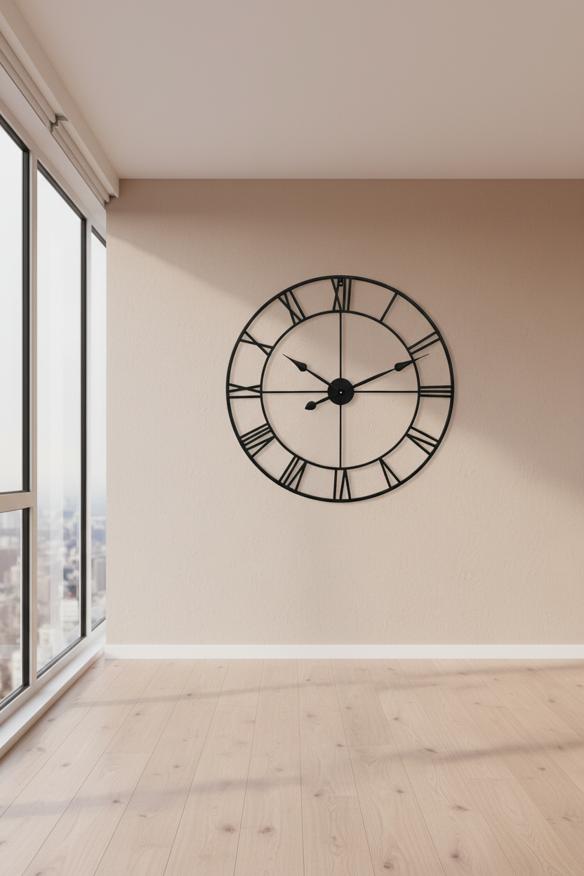 Roman numeral wall clock hung on a plain plaster wall in a bright empty room