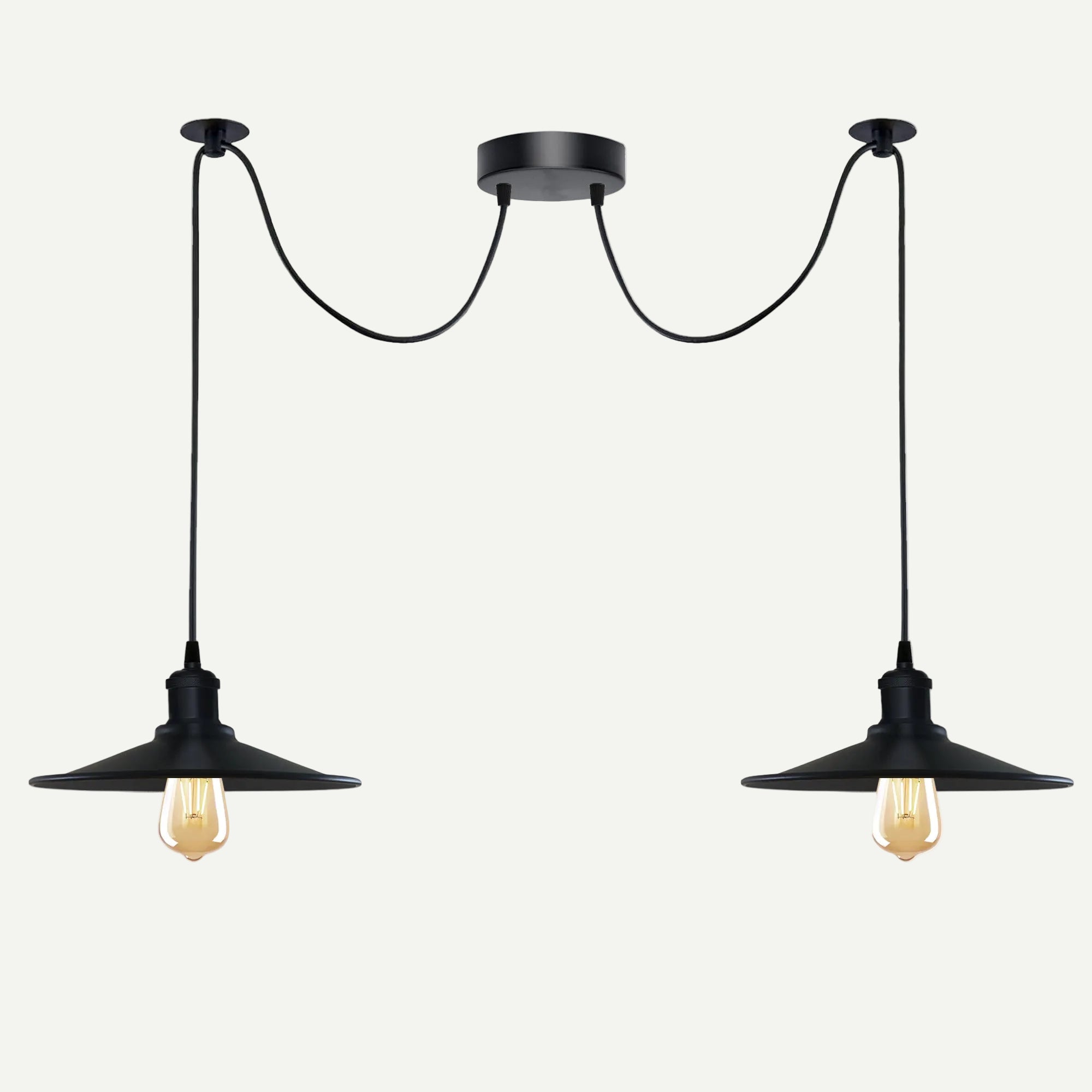 Two-head black pendant with exposed filament bulbs lit