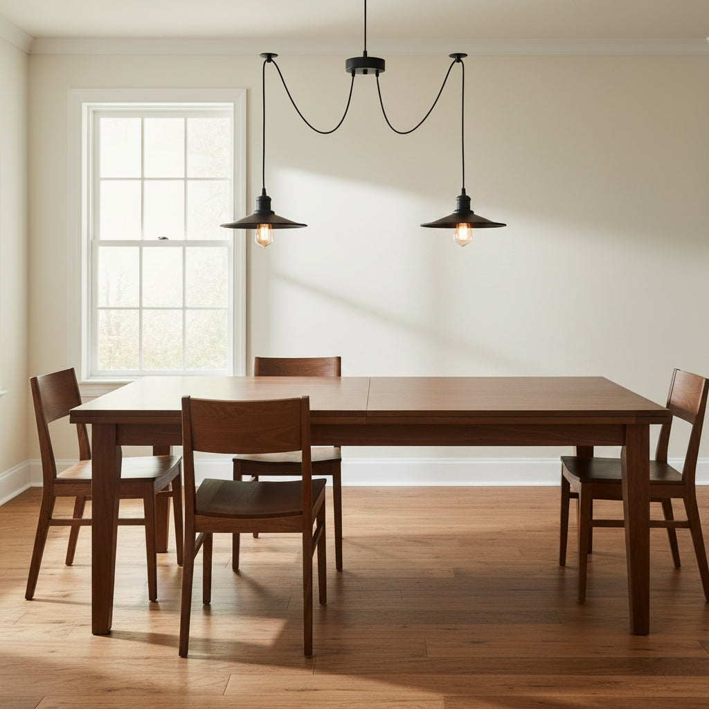 Two-head black pendant hanging from a white ceiling above a walnut dining table with chairs, in a bright calm dining room