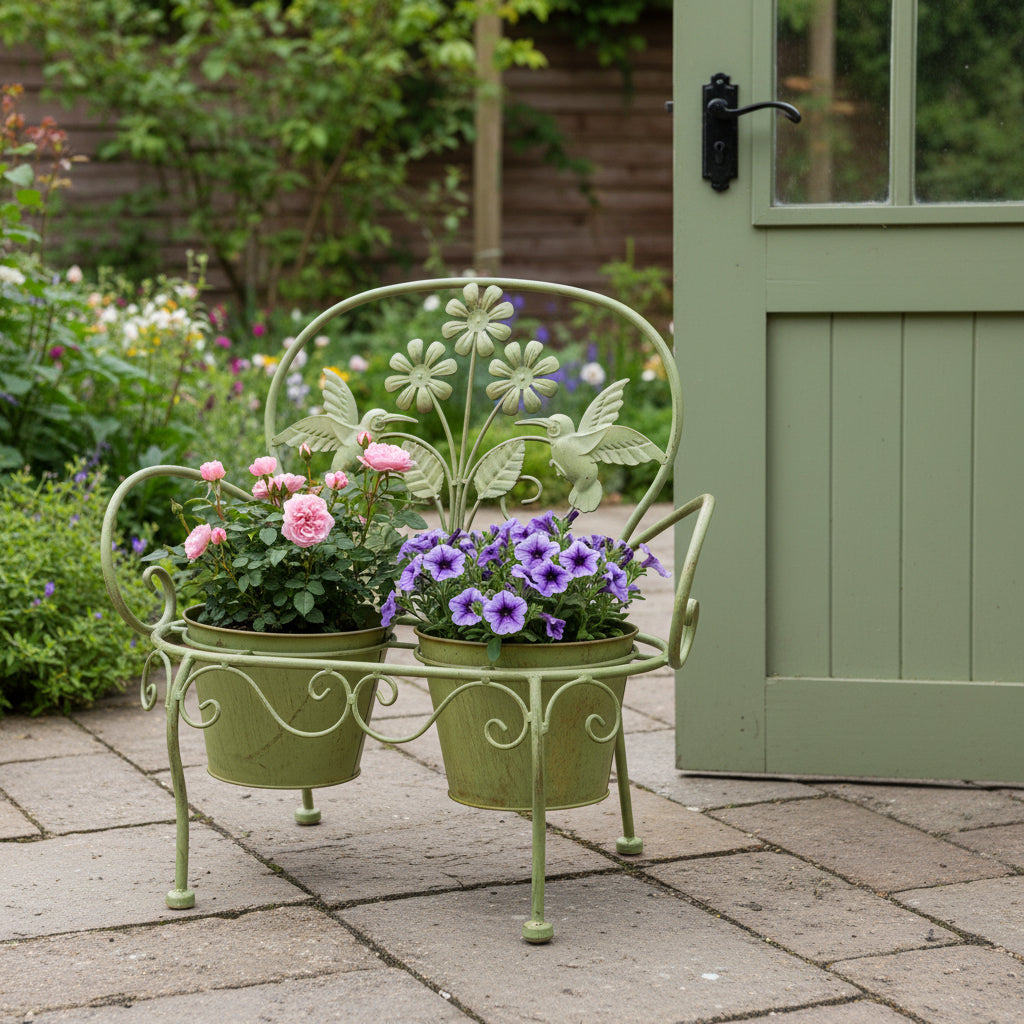 Sage green bench plant stand holding two flowering pots on a stone patio beside a garden door