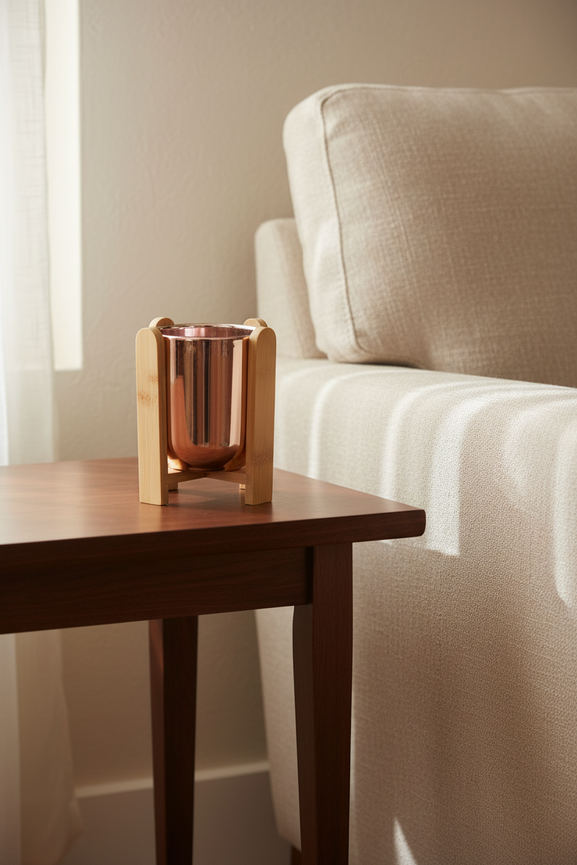 Copper-glazed ceramic planter on a walnut side table beside a linen armchair