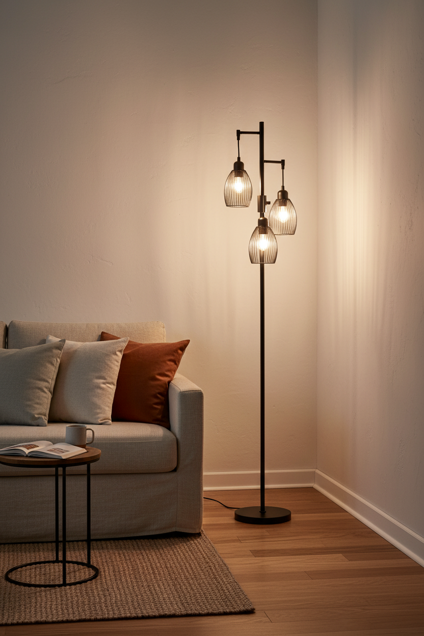 Three-light floor lamp lit in a living room corner beside a linen sofa