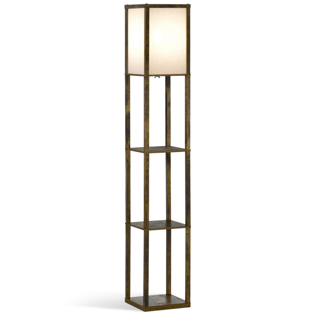 Shelf floor lamp with a pale wood frame and square linen shade