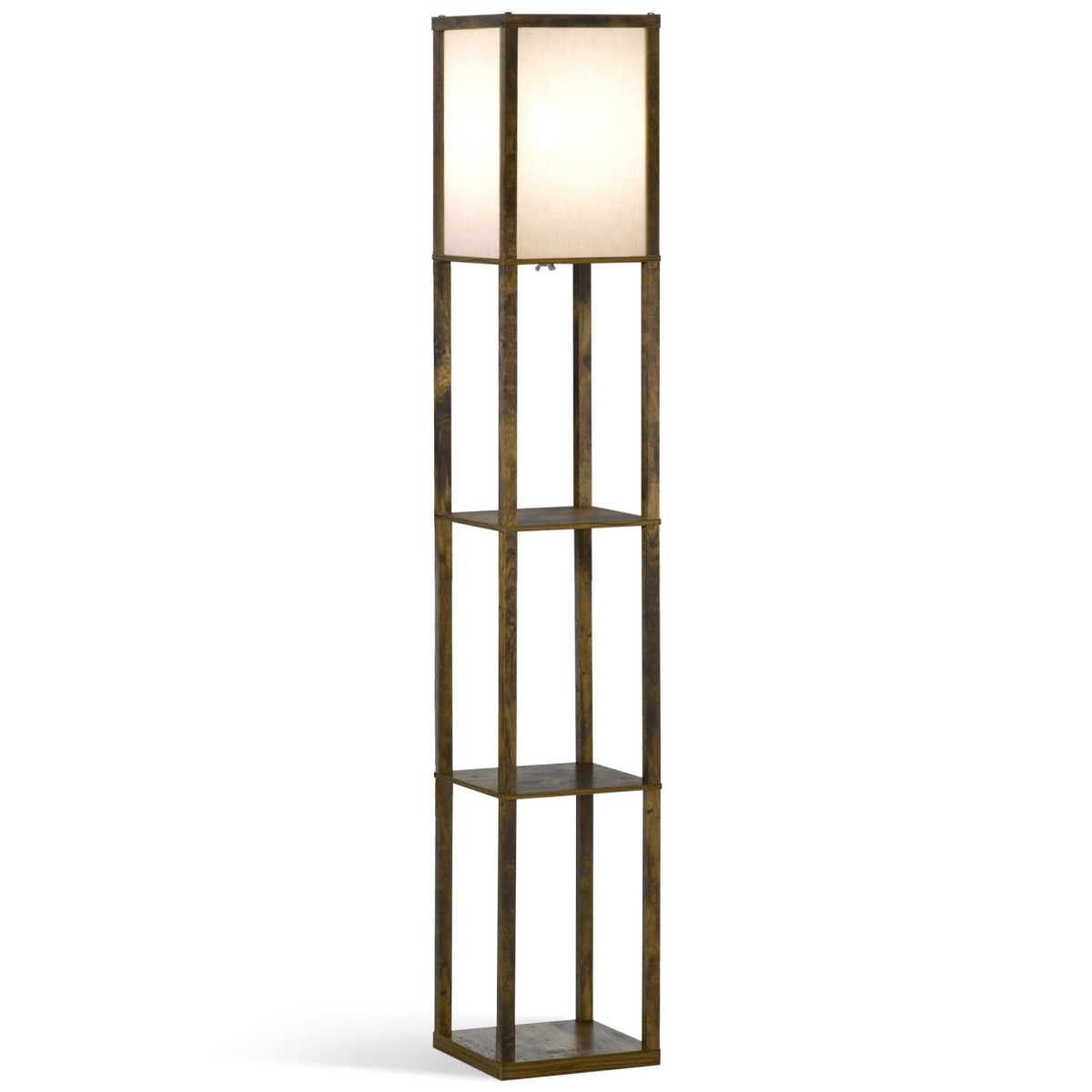 Shelf floor lamp with a pale wood frame and square linen shade