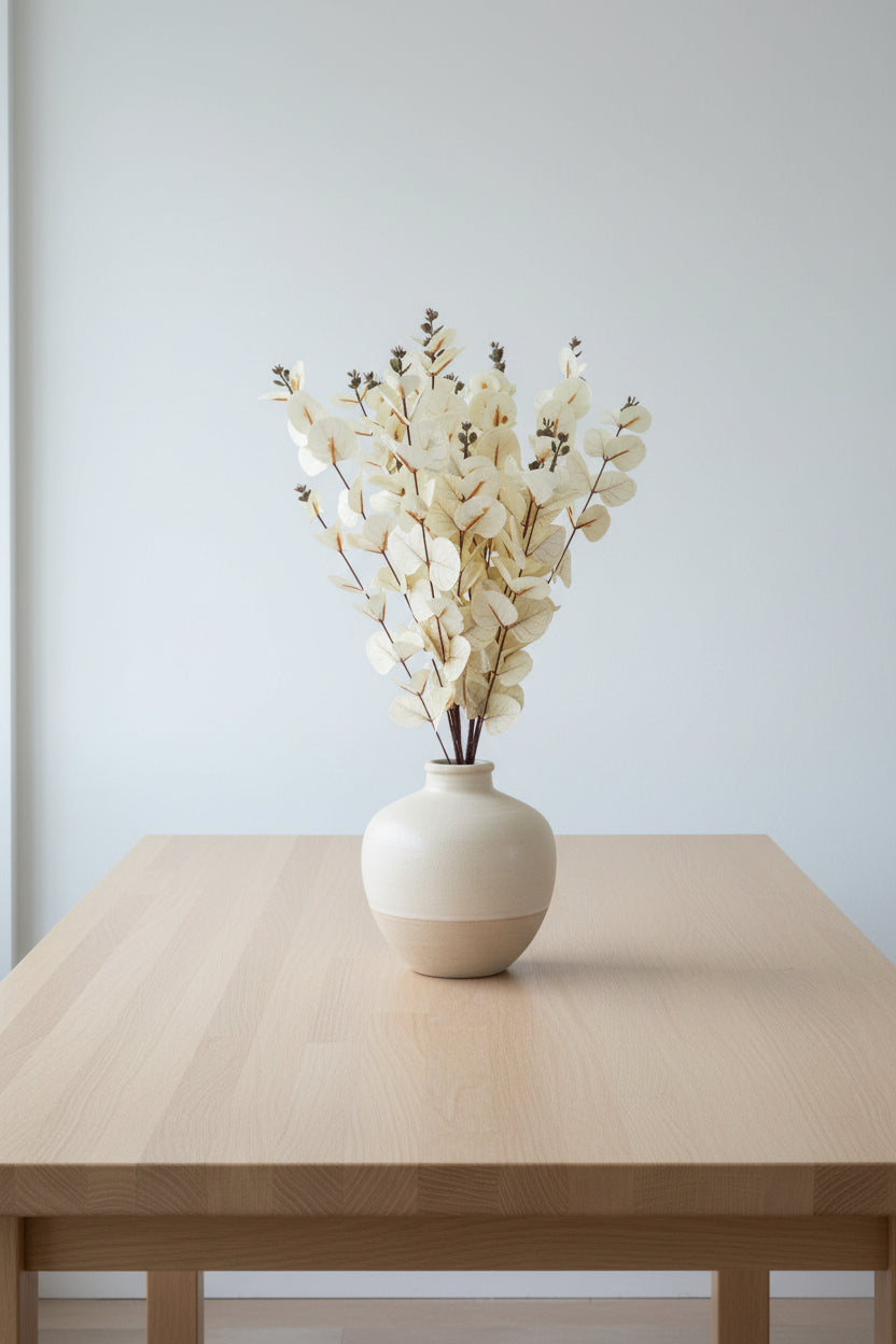 Six cream-white artificial eucalyptus stems