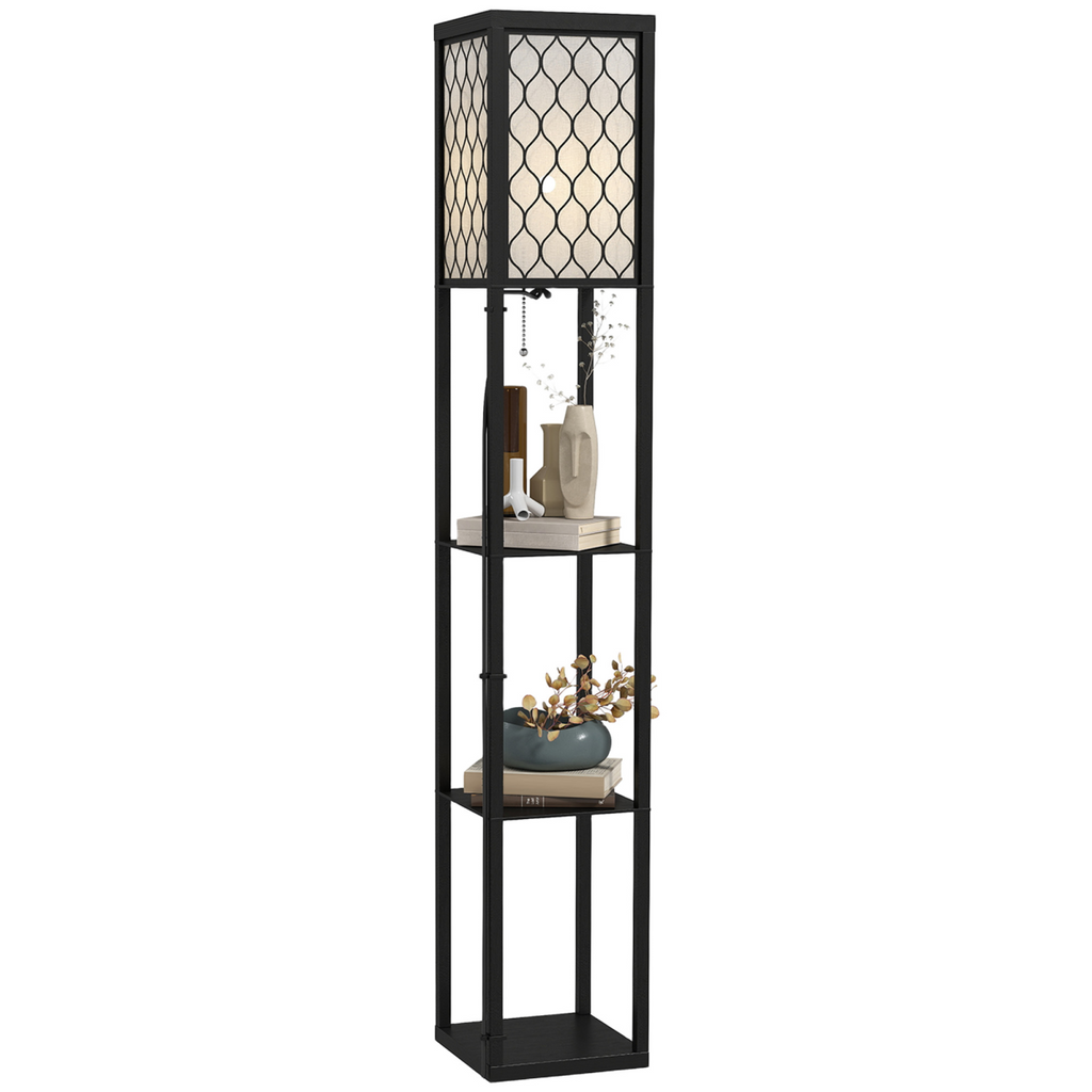 Shelf floor lamp with a black frame and fretwork shade