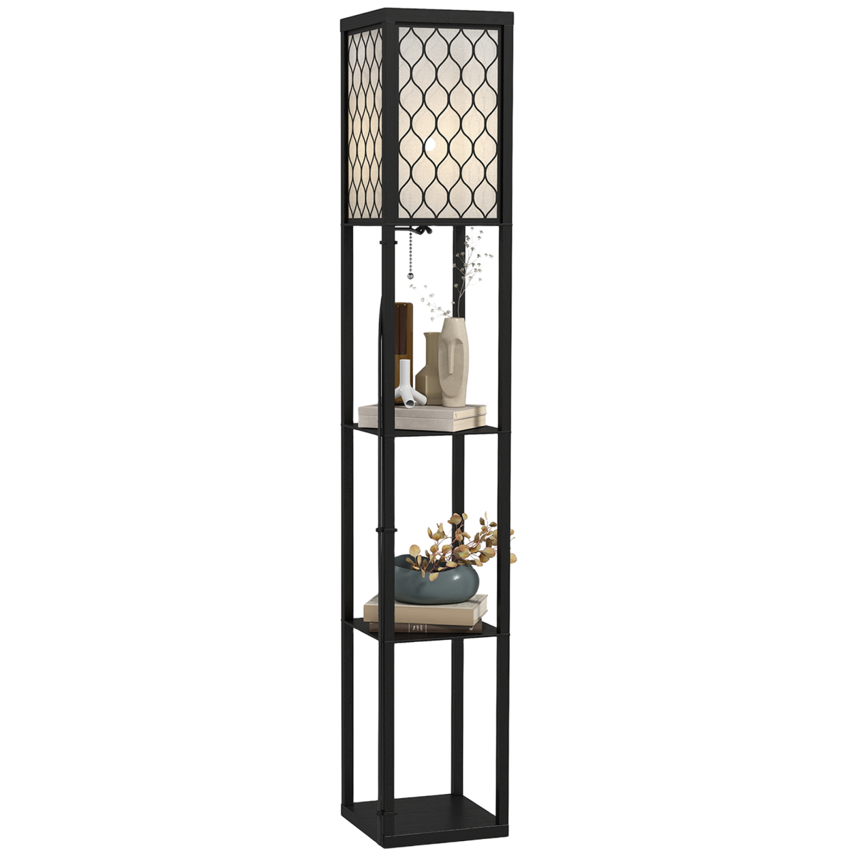 Shelf floor lamp with a black frame and fretwork shade