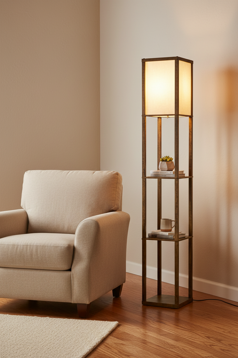 Shelf floor lamp lit in a living room corner beside a linen armchair