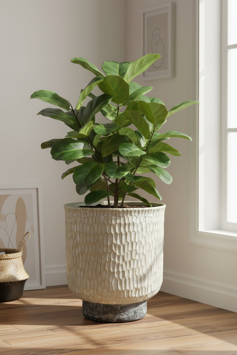 Oatmeal chiselled planter holding a fiddle-leaf fig in a sunlit corner