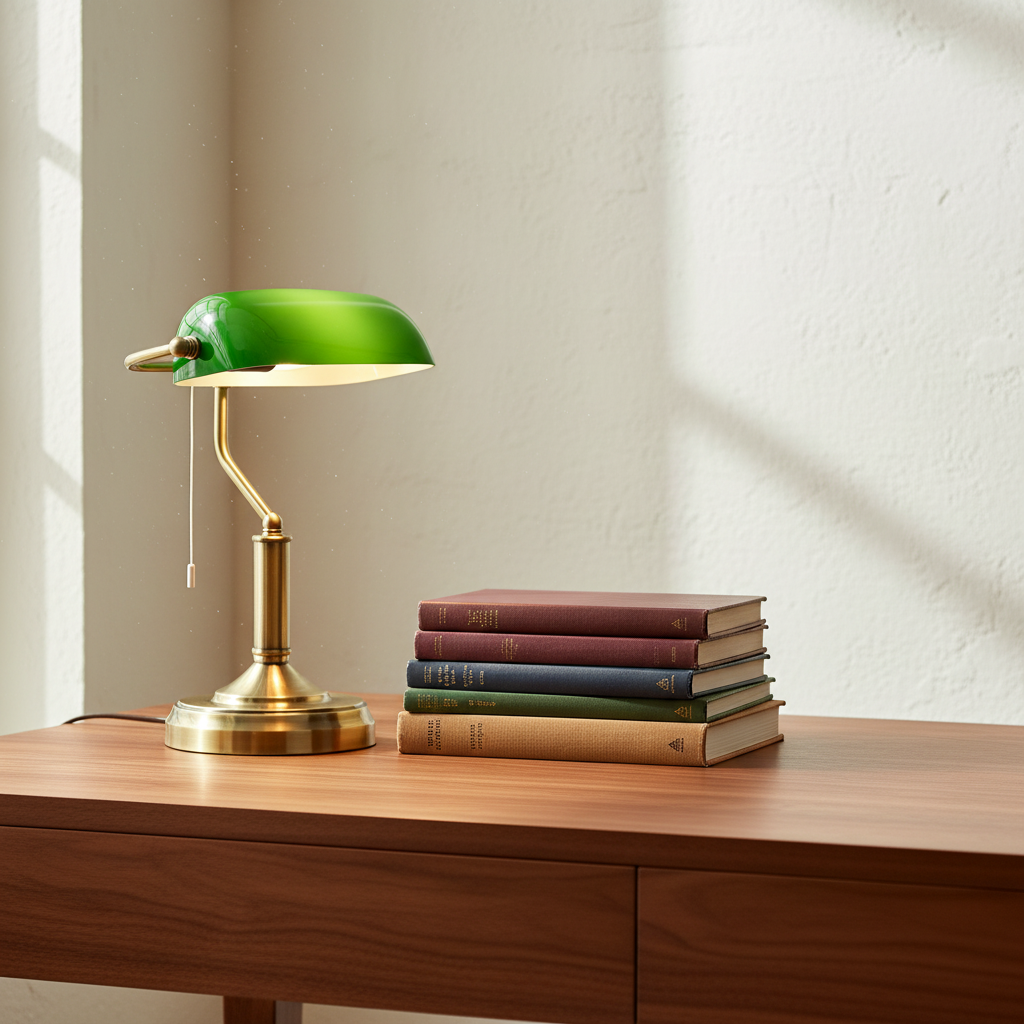 Banker's lamp lit on a walnut desk beside a stack of books