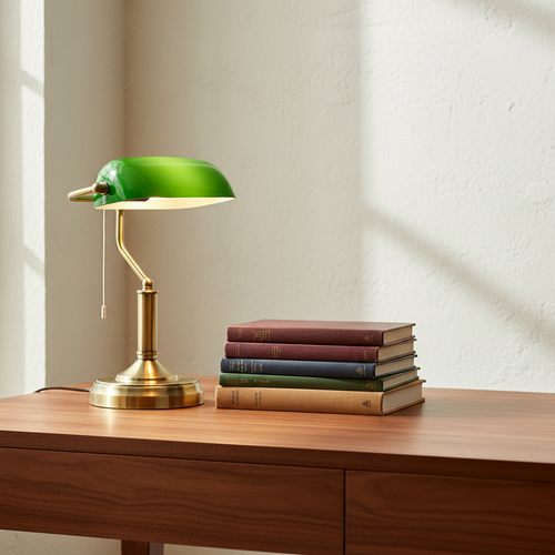 Banker's lamp lit on a walnut desk beside a stack of books