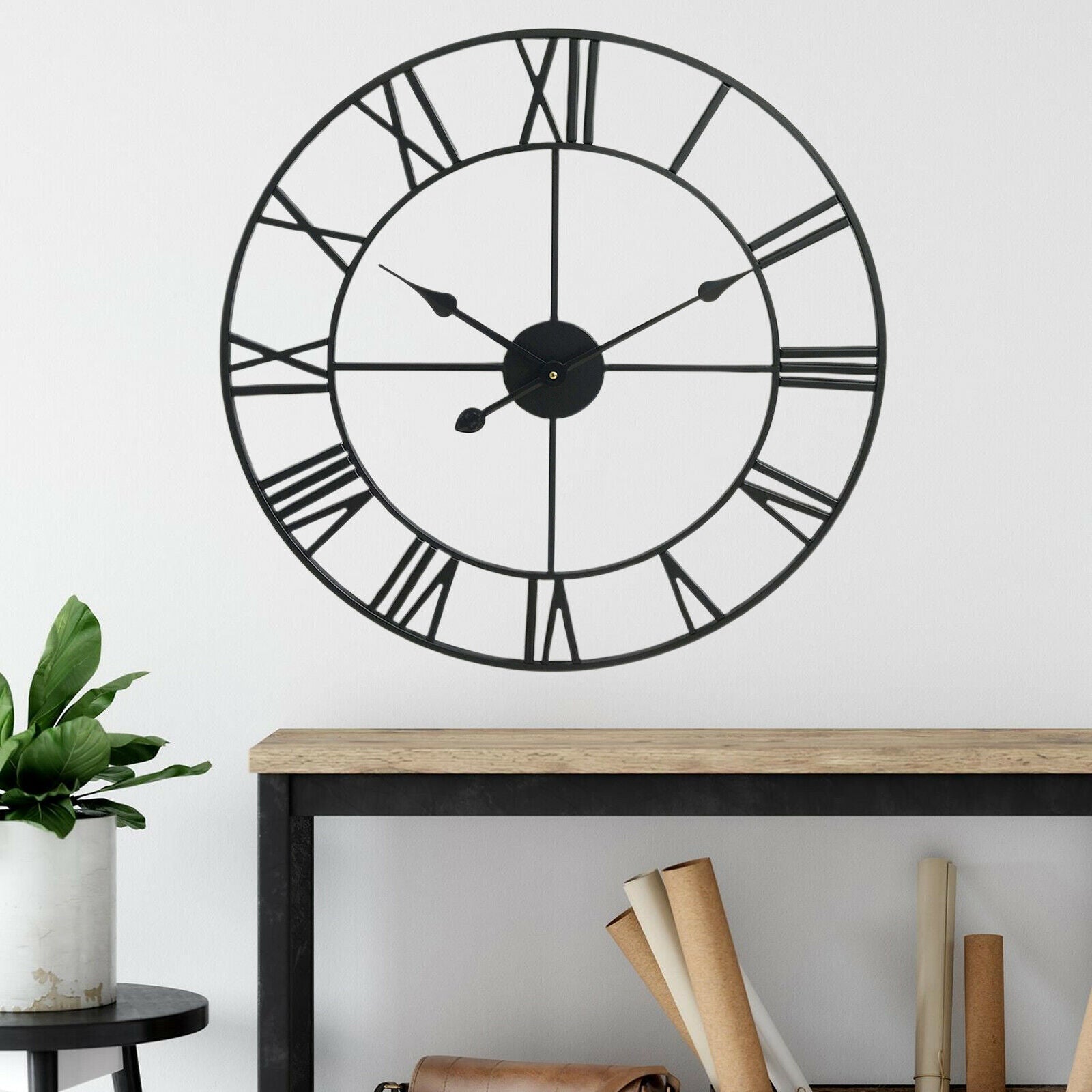 Roman numeral wall clock in blackened metal, 40cm, open frame